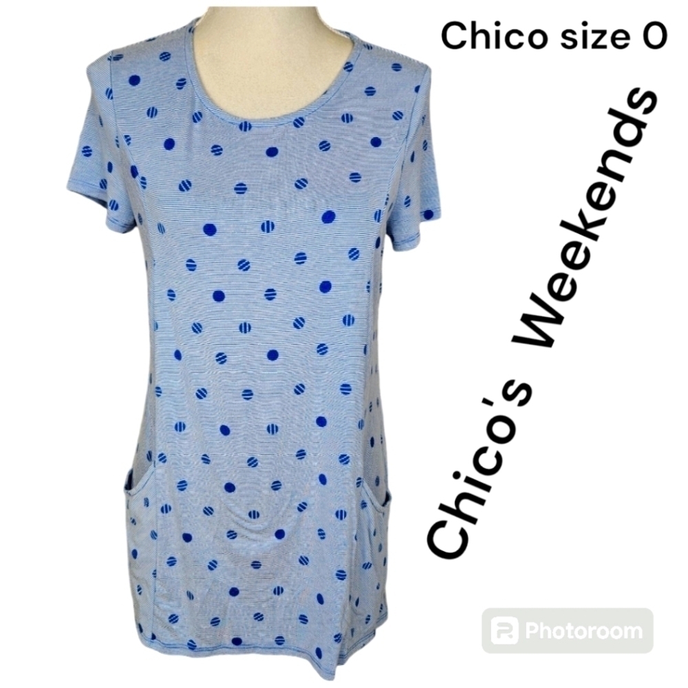 Weekends by Chico's Top 0 Med. Blue White Stripe & Polka Dots Tunic EUC